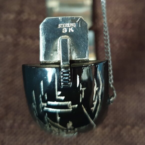 Vintage Japanese Damascene Niello Sterling Silver Pagoda Village Cuff Bangle - Picture 8 of 12